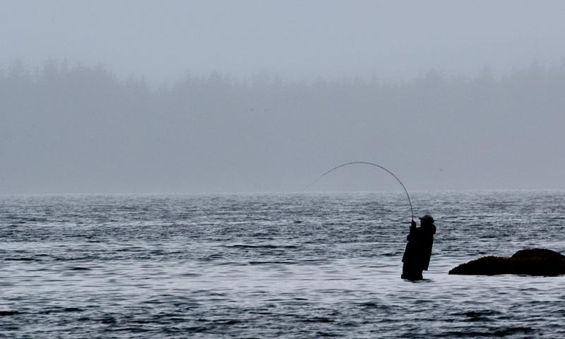 Fly fisherman fights a big one. 